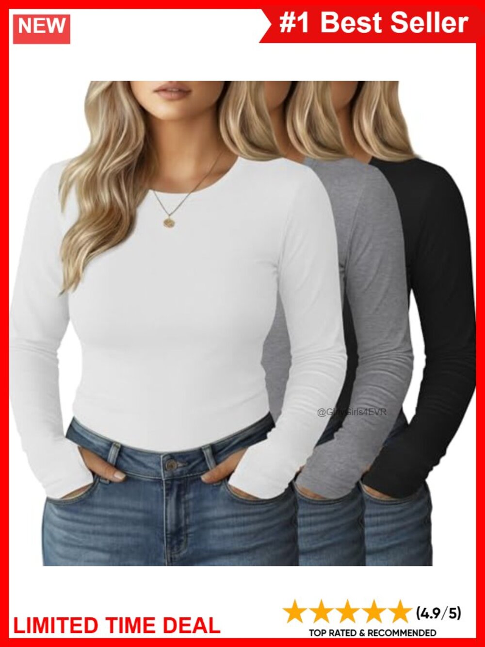 Plus Size Long Sleeve T-Shirts 3 Pack Thumb Hole Crew Neck Slim Fit